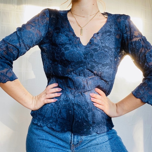Vintage Y2K 90s floral Lace mesh baby tee top - Picture 1 of 6